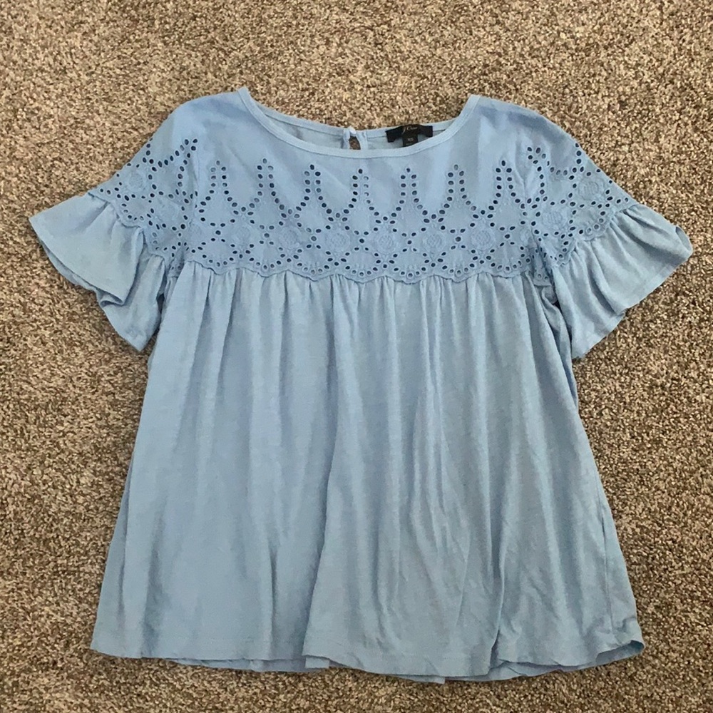 JCrew Blue Cotton Ruffle Sleeve Top